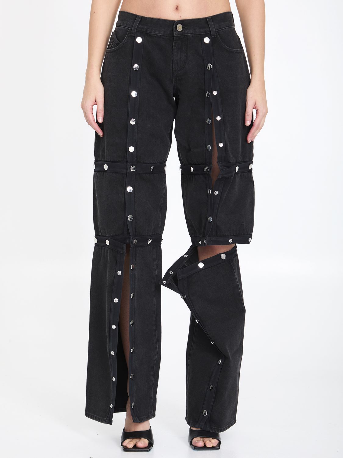 THE ATTICO Black Cotton Denim Pants with Logoed Snap Buttons for Women