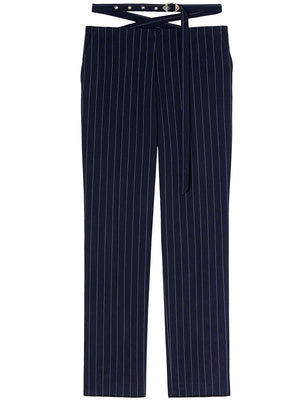 Navy Blue Striped Crossover Pants with Back Straps