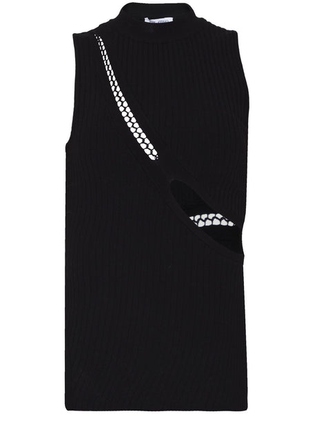 THE ATTICO Trendy Black Sleeveless Top with Oblique Cuts and Embroidered Label