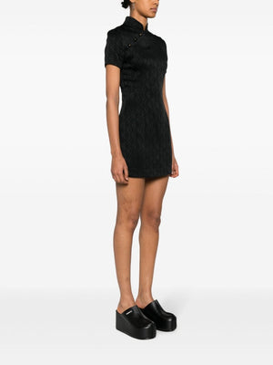 MARINE SERRE Black Jacquard Short Dress with Asymmetric Button Fastening and Contrasting Panel Detail