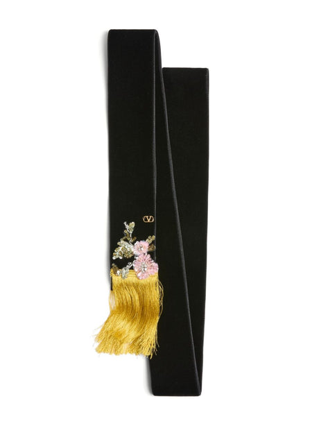 VALENTINO GARAVANI Embroidered Velvet Scarf with Floral Design and Fringe Detailing