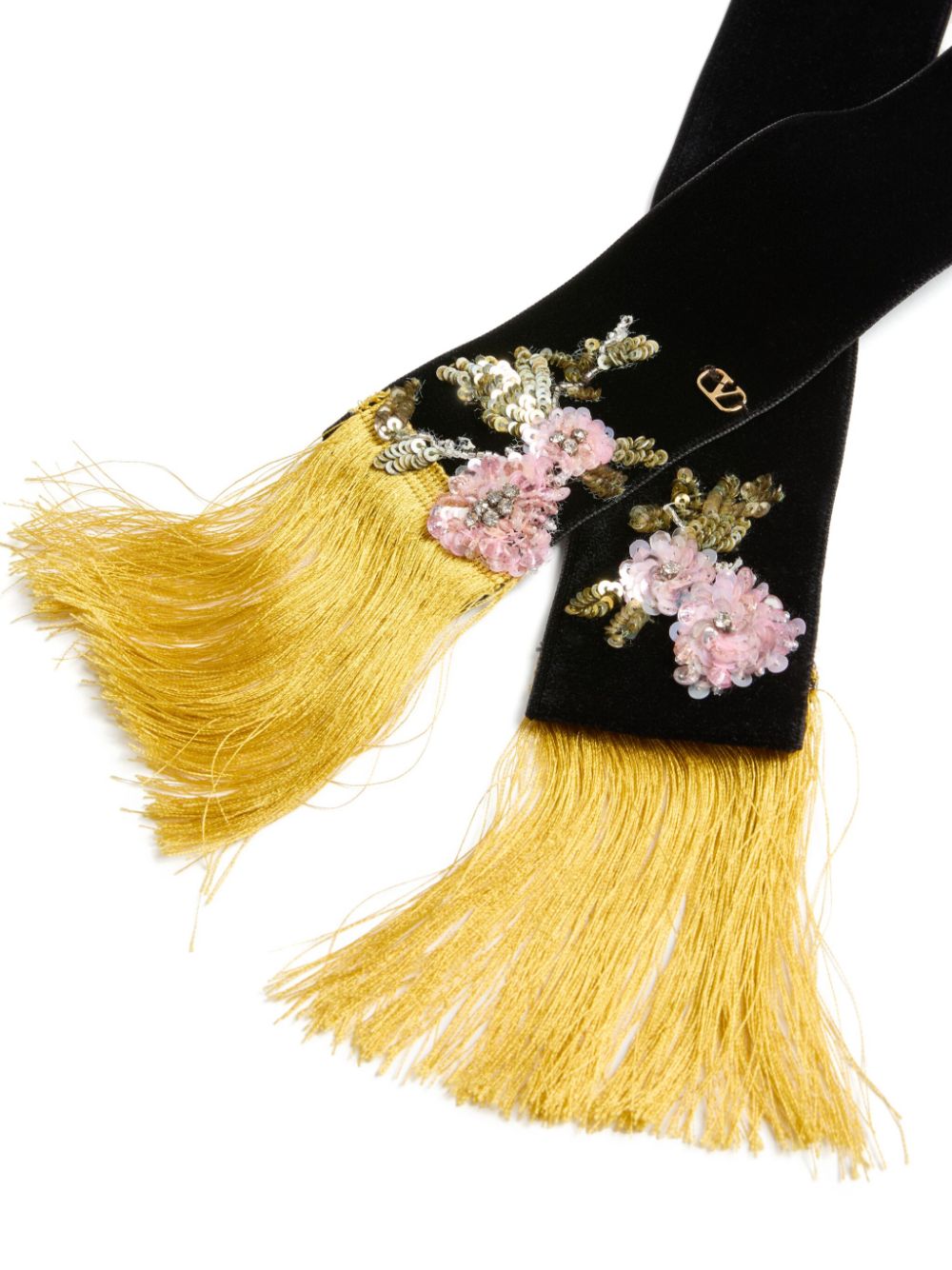 VALENTINO GARAVANI Embroidered Velvet Scarf with Floral Design and Fringe Detailing