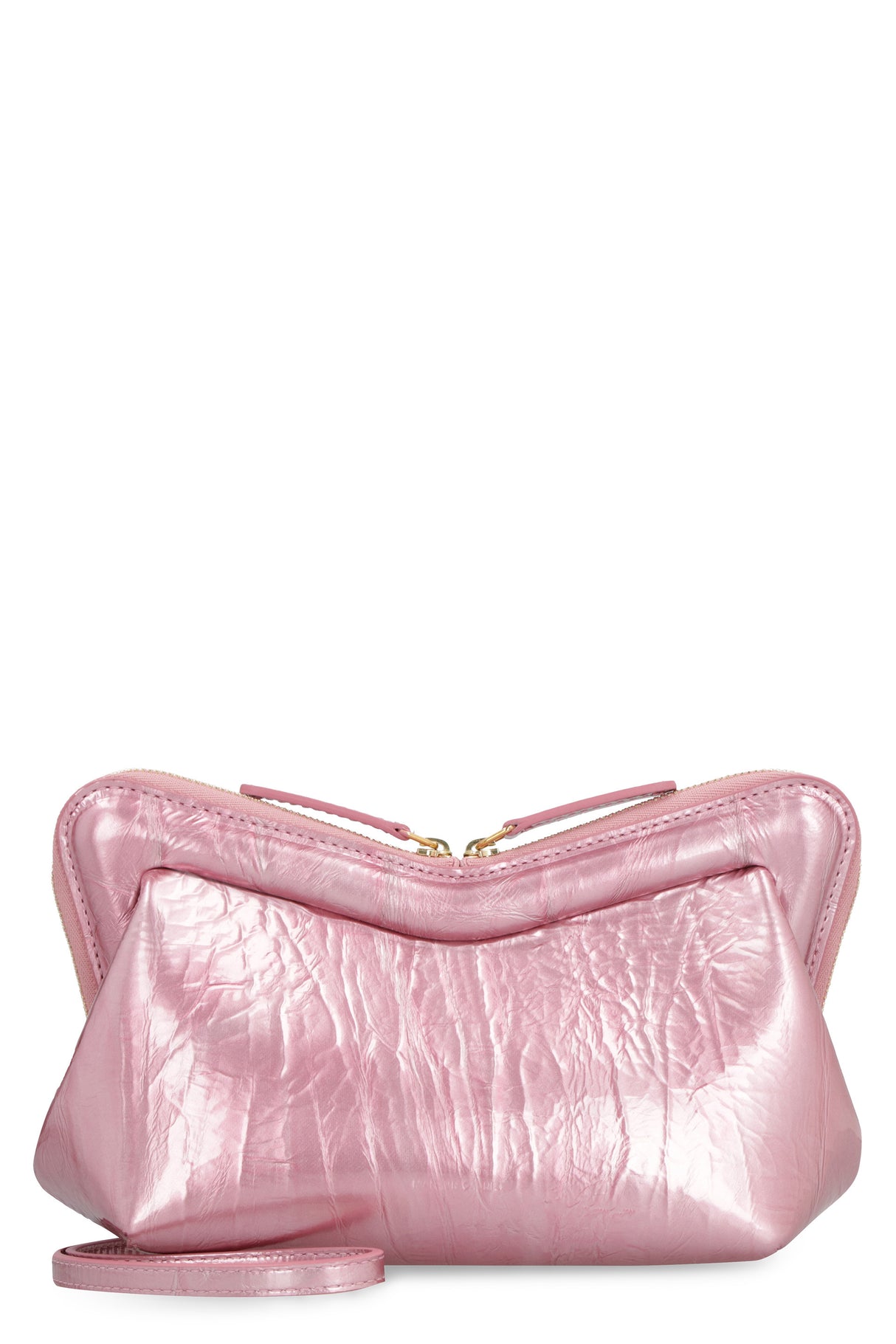 MANSUR GAVRIEL Pink Mini M Frame Patent Leather Clutch with Gold-Tone Hardware, Removable Strap - SS23