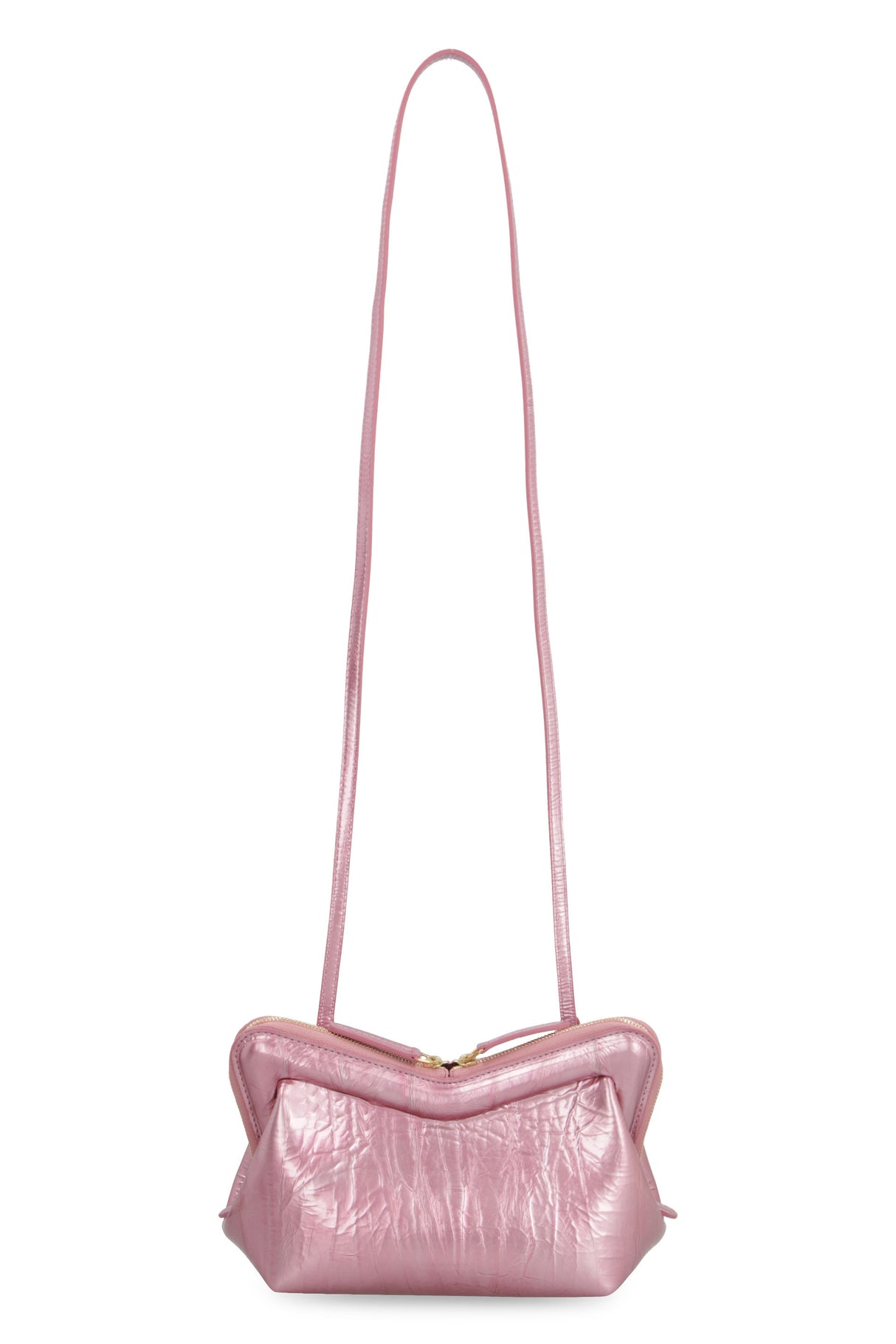 MANSUR GAVRIEL Pink Mini M Frame Patent Leather Clutch with Gold-Tone Hardware, Removable Strap - SS23