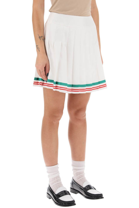 白色網球迷你裙-絲綢褶皺與條紋飾邊