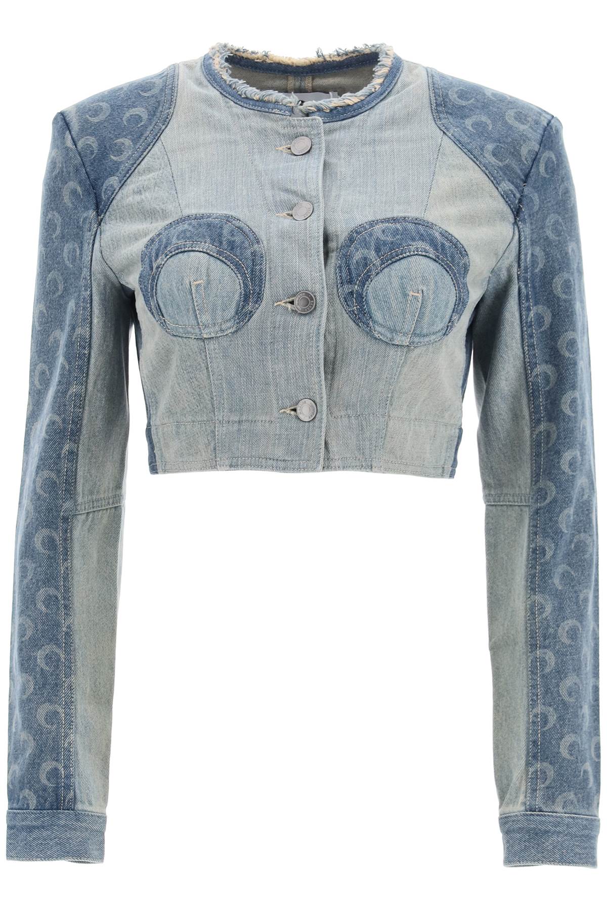 MARINE SERRE Blue Denim Cropped Jacket with Laser-Printed Moon Motif