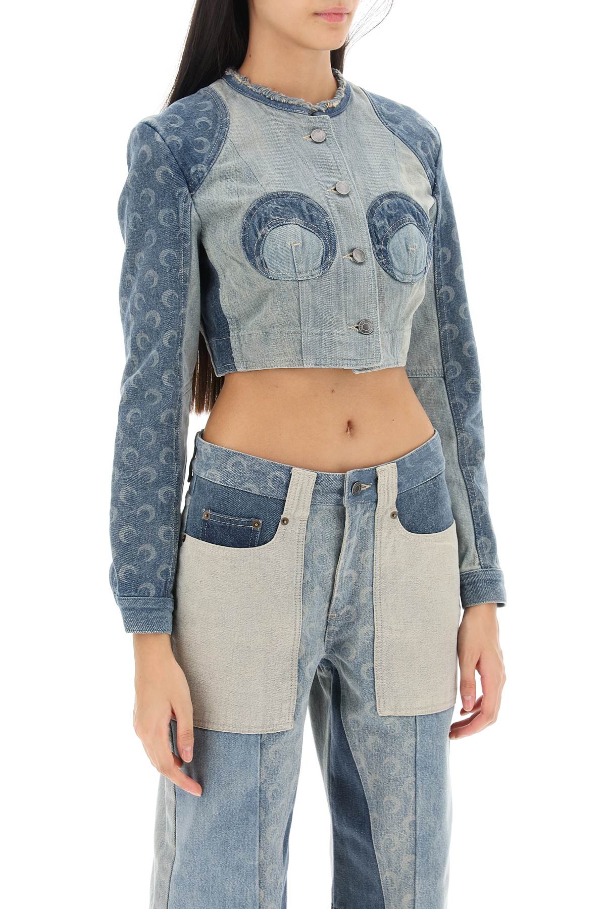 MARINE SERRE Blue Denim Cropped Jacket with Laser-Printed Moon Motif