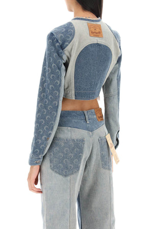 MARINE SERRE Blue Denim Cropped Jacket with Laser-Printed Moon Motif