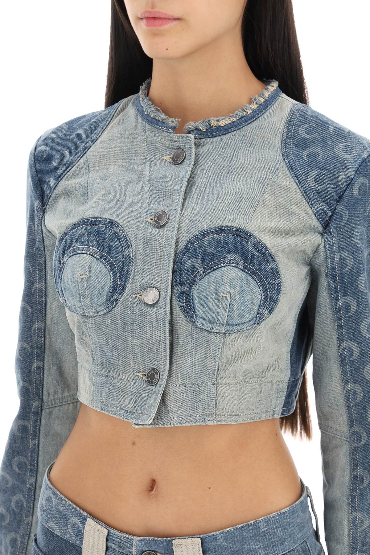 MARINE SERRE Blue Denim Cropped Jacket with Laser-Printed Moon Motif