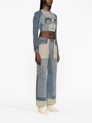 Regenerated Denim Cropped Jacket with Crescent Moon Print