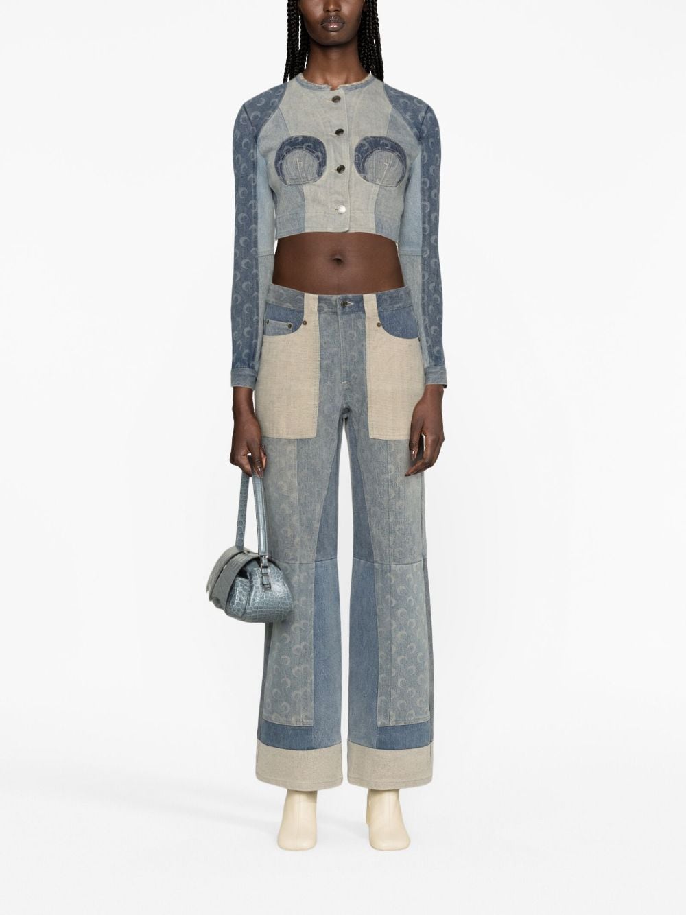 Regenerated Denim Cropped Jacket with Crescent Moon Print