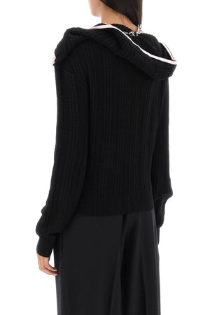 Y/PROJECT Black Merino Wool Cardigan with Ruffled Neckline and Chain Necklace for Women