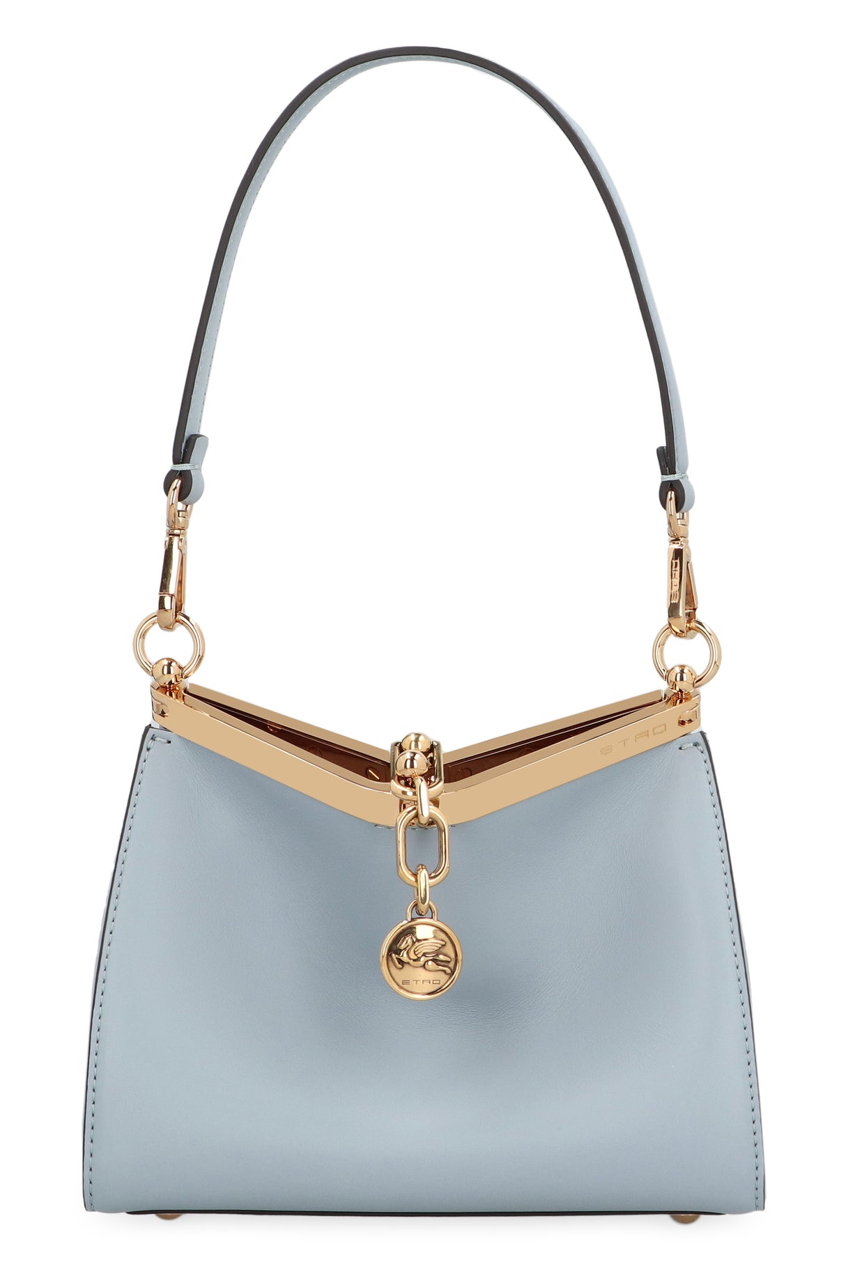 ETRO Chic Light Blue Mini Leather Shoulder Bag with Gold-Tone Accents and Suede Lining, 21x16x9 cm