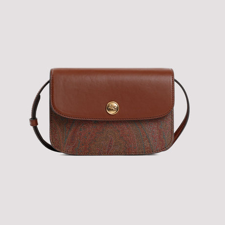 ETRO Essential Paisley Mini Crossbody Bag with Leather Flap and Suede Interior, Adjustable Strap - Brown