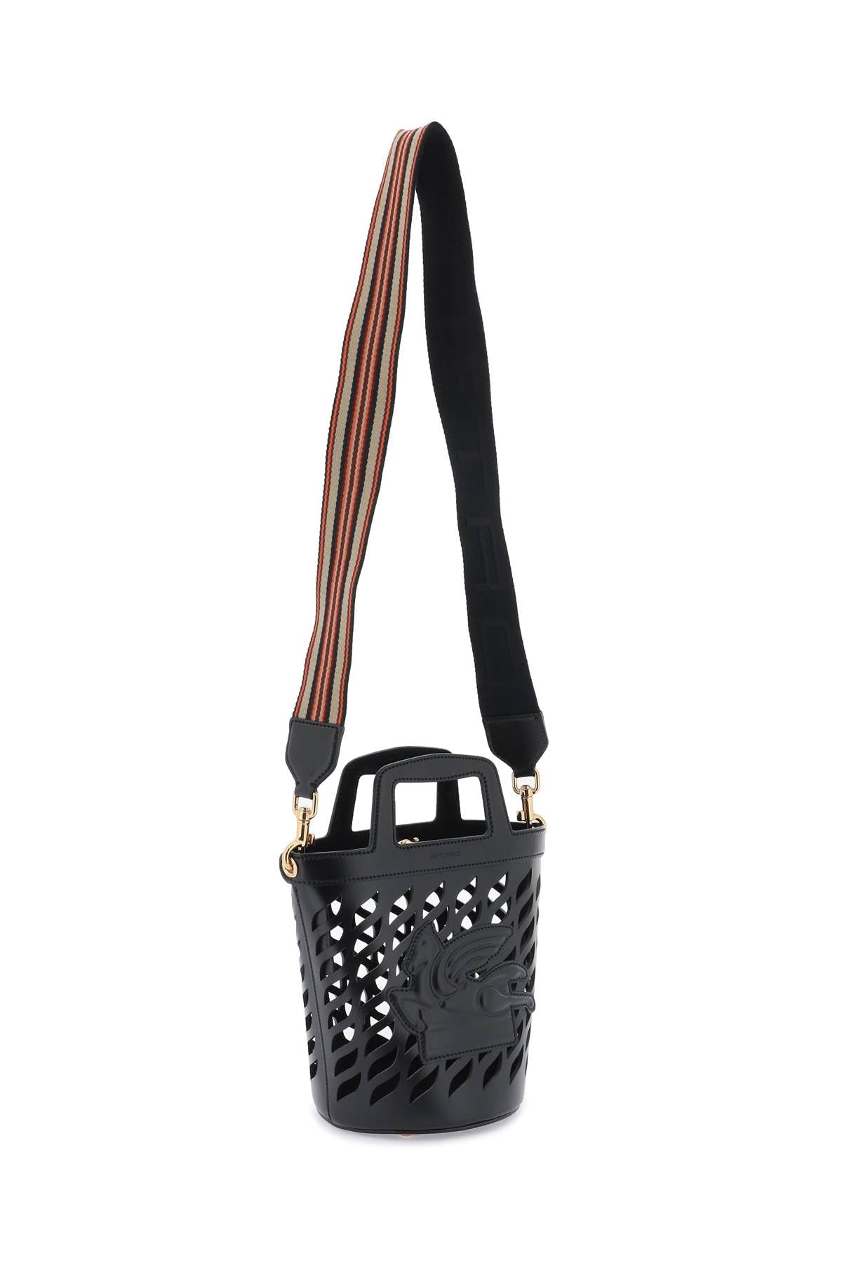 ETRO Black Laser-Cut Leather Bucket Handbag with Pegasus Applique