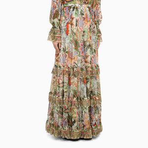 ETRO Multicolored Silk Long Skirt for Women with Bouquet Print and Flounces