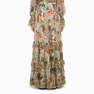 ETRO Multicolored Silk Long Skirt for Women with Bouquet Print and Flounces