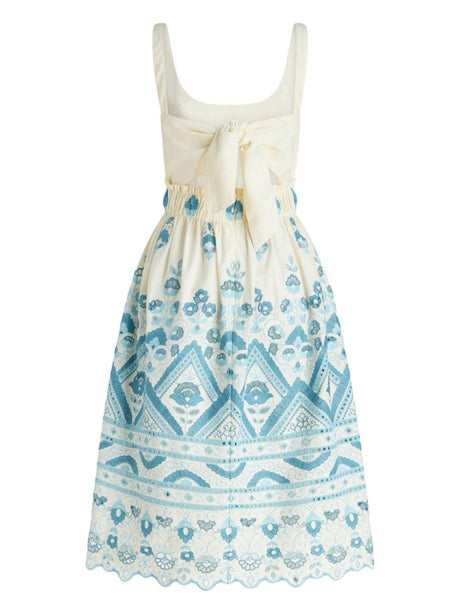 ETRO Chic Blue and White Cotton Blend Dress with Front Tie and Cut-Out Details
