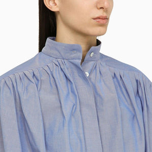 قميص نسائي قطني أولفورد أزرق فاتح بقَصَّة بيضوية مفعمة بالأناقة وياقة ماندارين