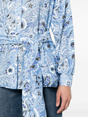 ETRO Blue Floral Print Wraparound Silk-Cotton Shirt for Women
