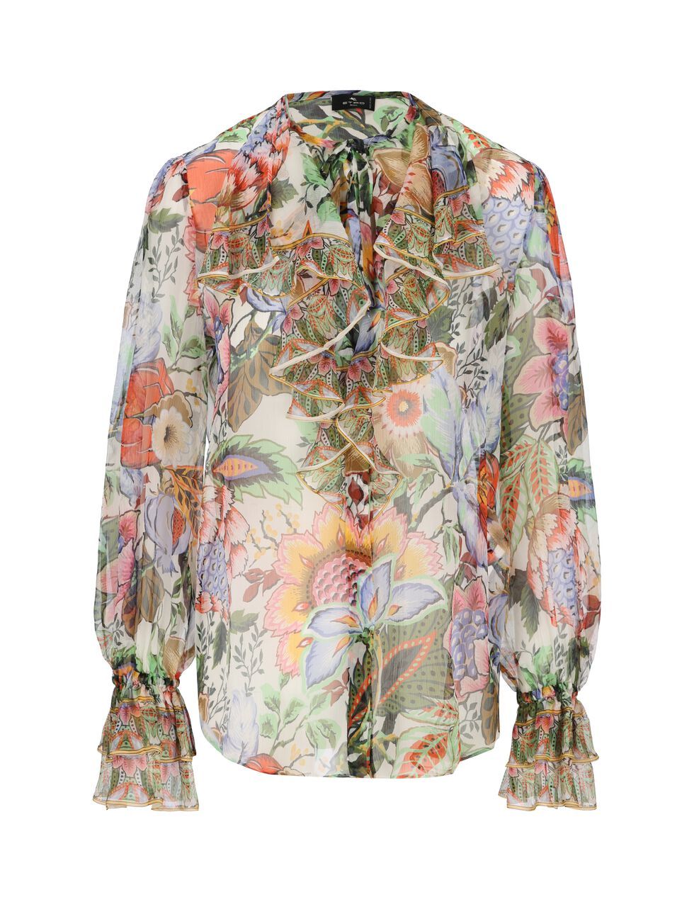Multicolored Floral Print Silk Shirt - Ruffles, Long Sleeves, Button Fastening