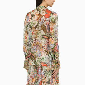 絢麗多彩花卉印花絲縐衫-長袖設計，迷人鈕扣，合身剪裁