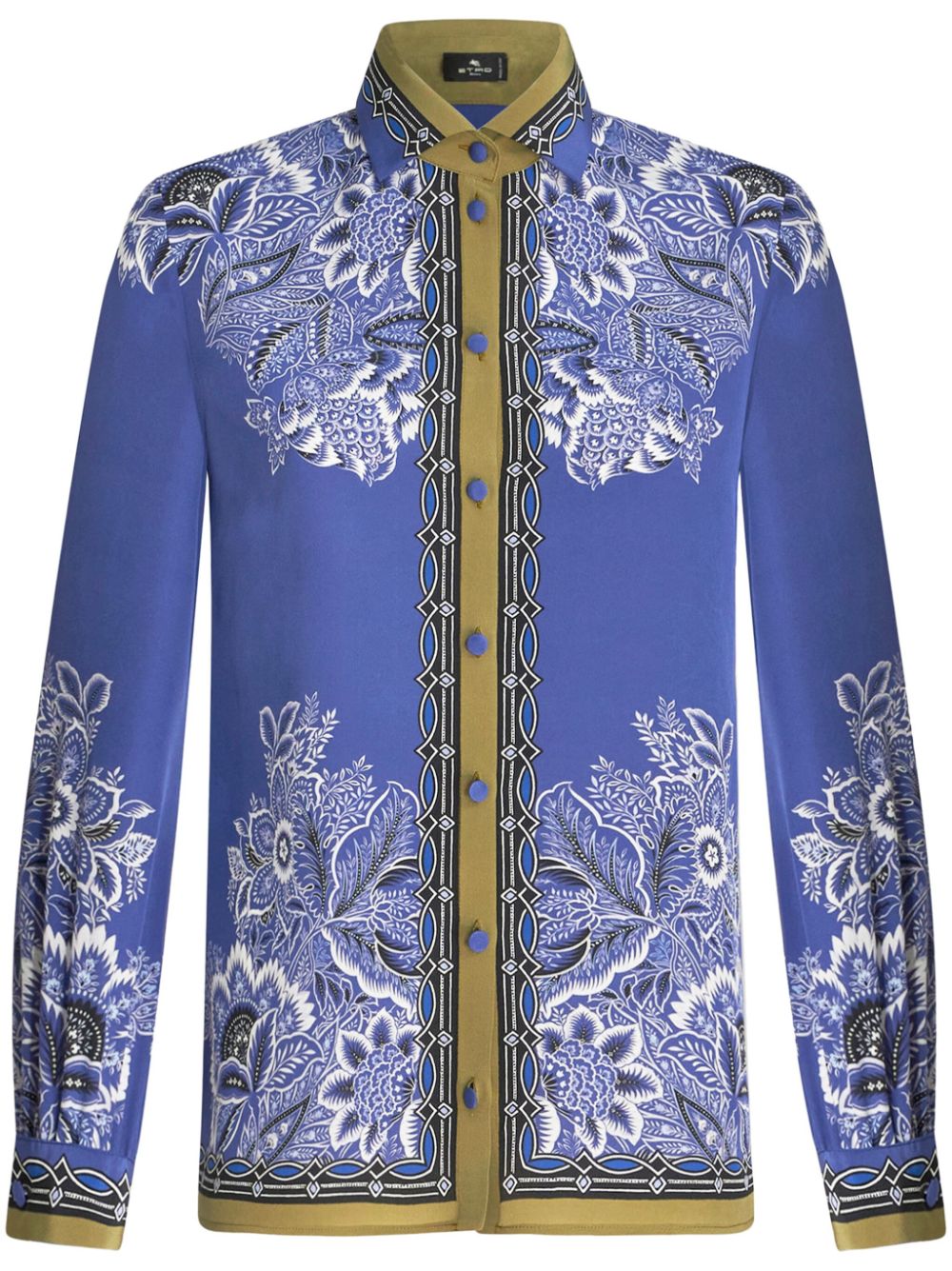قميص حريري نساؽي بطبعة زهور زرقاء خريف 2024