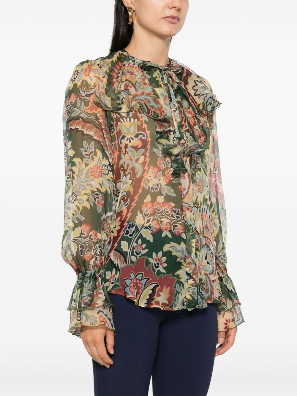 ETRO Floral Silk Ruffle Collar Shirt