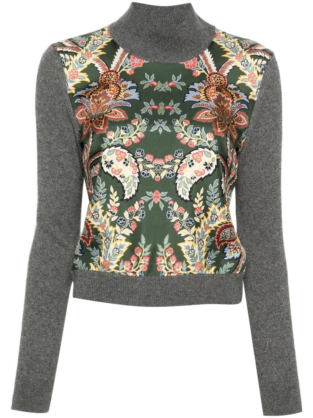 ETRO Gray Sweater with Green Flower and Amebas Design for Women