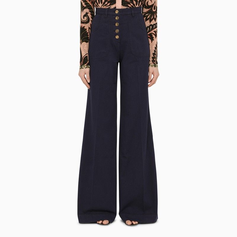 ETRO Navy Blue Cotton Denim Flare Trousers for Women