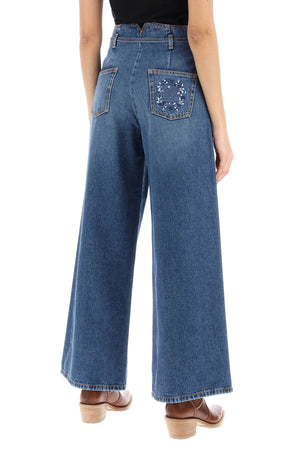 Wide-Cut Denim Jeans with Floral Embroidery and High-Waisted Design for Women