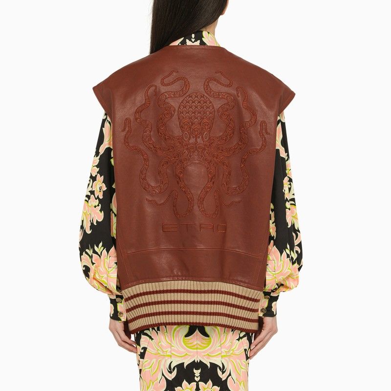 ETRO Brown Leather Maxi Waistcoat for Women - Oversized Round-Neck Waistcoat for SS24
