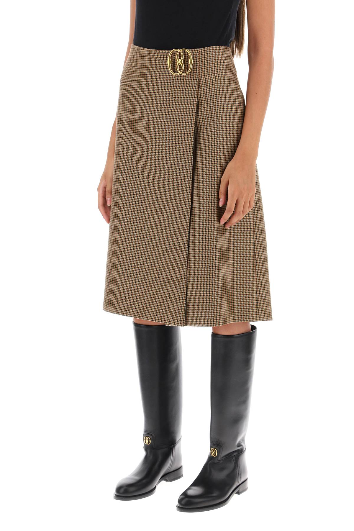 BALLY Houndstooth A-Line Skirt with Emblem Buckle