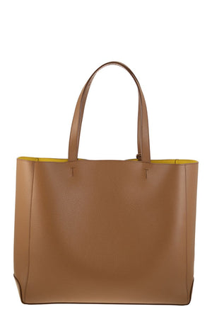 Brown Leather Tote Handbag with Elegant Volumes and Iconic Details