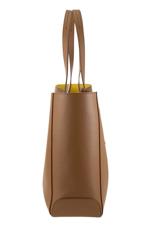 Brown Leather Tote Handbag with Elegant Volumes and Iconic Details