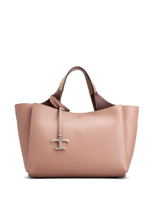 TOD'S Smooth Light Pink Calfskin Tote Handbag with Metal Logo Pendant and T-Logo Stitch