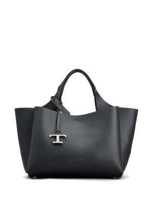 TOD'S Timeless Mini Black Leather Tote with Logo Plaque and Adjustable Strap