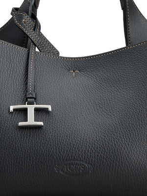 TOD'S Timeless Mini Black Leather Tote with Logo Plaque and Adjustable Strap