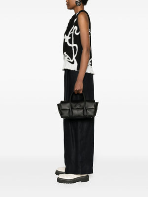 女性用ブラックレザー ロゴオーバルパッチ ハンドバッグ