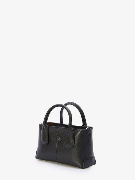 TOD'S Black Leather Mini Handbag with Embossed Logo, Double Handles & Detachable Strap - 20x12x7 cm