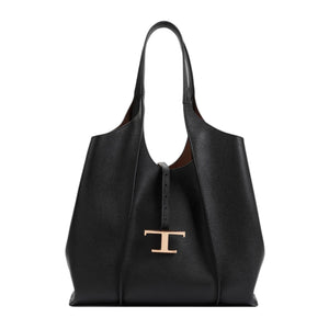 TOD'S Black Leather Tote Handbag with Gold-Tone Hardware and Logo Plaque