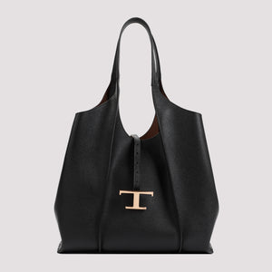 TOD'S Black Leather Tote Handbag with Gold-Tone Hardware and Logo Plaque