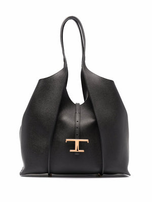 TOD'S Black Leather Tote Handbag with Gold-Tone Hardware and Logo Plaque