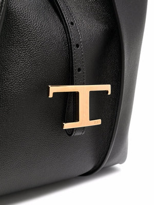 TOD'S Black Leather Tote Handbag with Gold-Tone Hardware and Logo Plaque