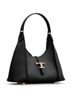 TOD'S Timeless Mini Hobo Shoulder Bag in Black Calfskin with T-Charm, 31x27x11cm