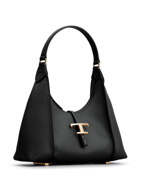 TOD'S Timeless Mini Hobo Shoulder Bag in Black Calfskin with T-Charm, 31x27x11cm