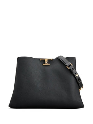 TOD'S Timeless Medium Black Leather Tote with Pebbled Texture and Gold-Tone Accents