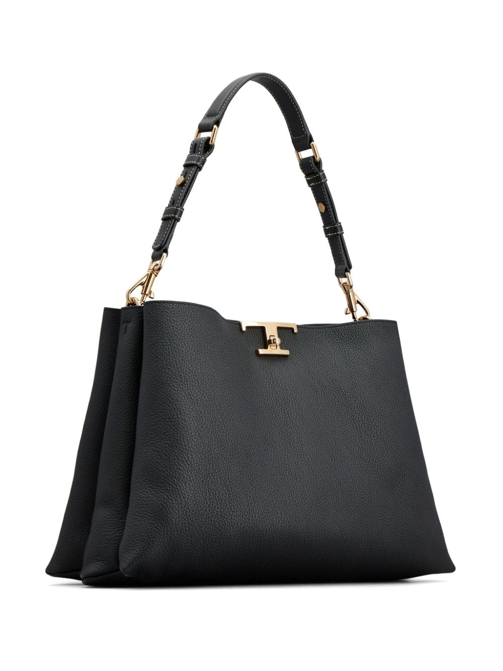 TOD'S Timeless Medium Black Leather Tote with Pebbled Texture and Gold-Tone Accents