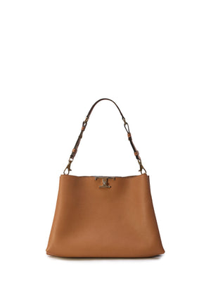 TOD'S Timeless Medium Brown Grained Calfskin Shoulder Bag with Adjustable Strap, Suede Lining, and Metal Buckle, 14x10x6 in