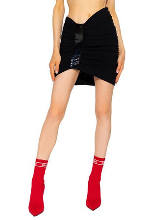 Asymmetrical Black Miniskirt with Lacquered Detail and Draped Design for Women